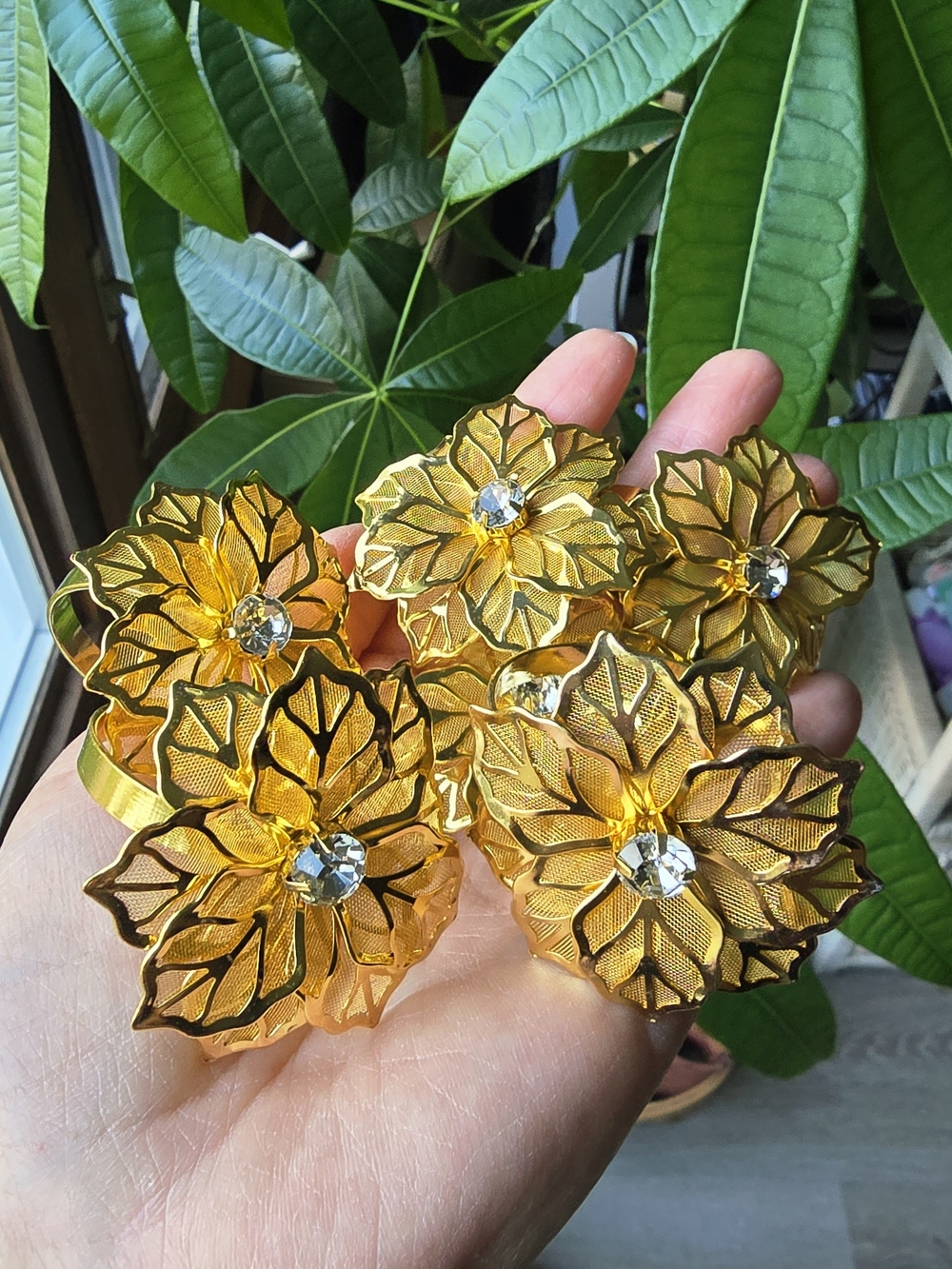 Gold Flower Statement Napkin Ring with Crystal Accent